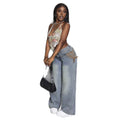 Pre-sale-65788# cross-border foreign trade women's fashion ins mid-waist strap design jeans