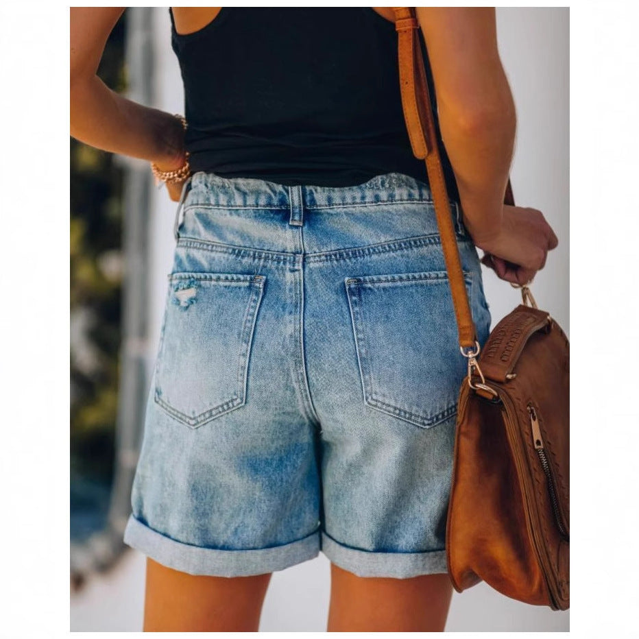 European and american clothing cross-border trade  new arrivalelegantcasual independent station ripped and rolled five-point denim shorts