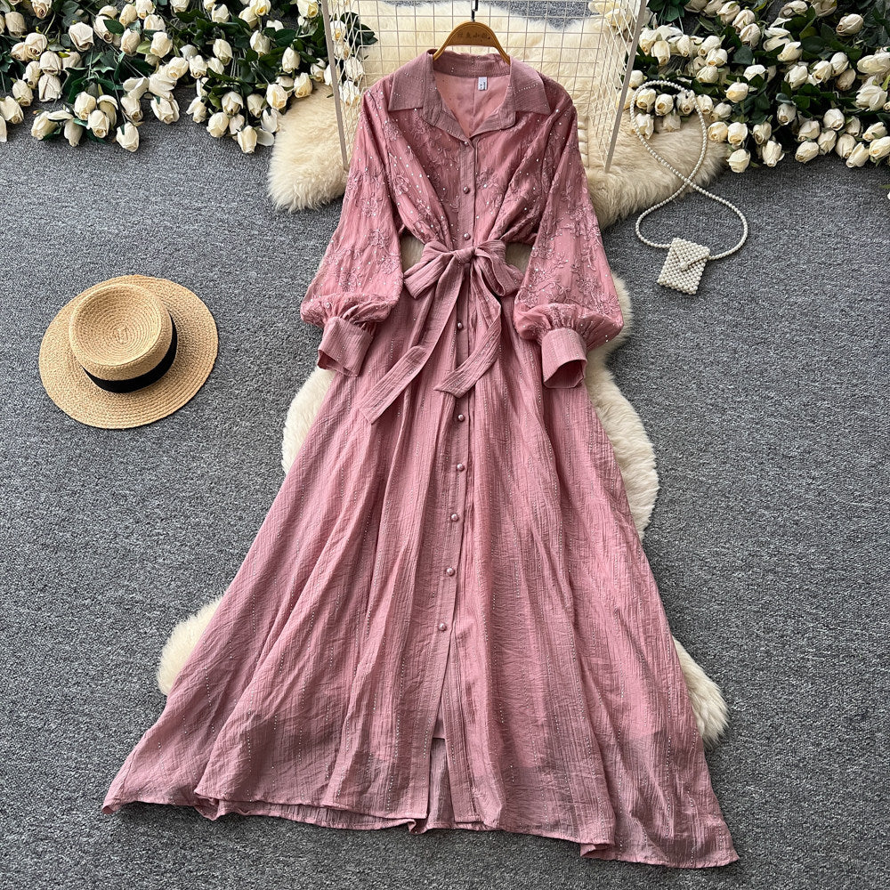 Frenchretro lapel lantern sleeve sequindress women's summerk-style strap waist slimming look long skirt work clothing