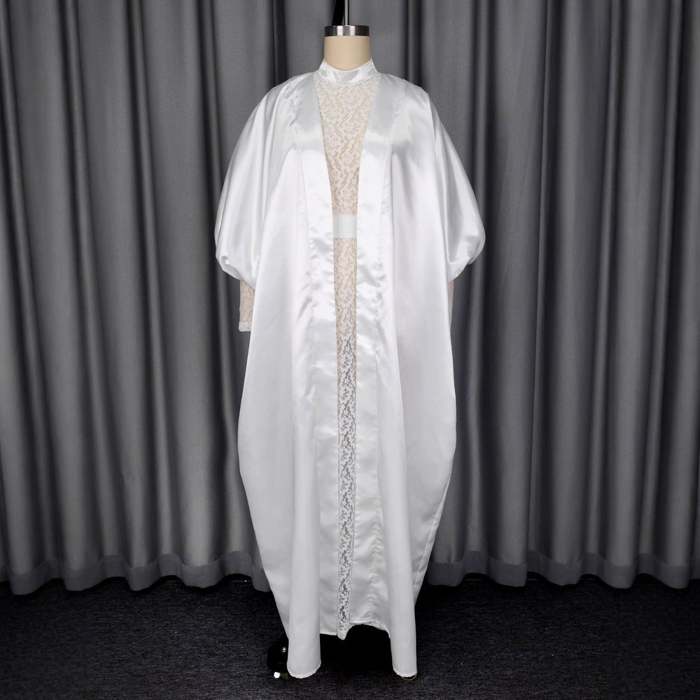 african satin robe with lace inner dress set - sheer mesh banquet sexy two-piece outfit