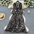 Luxury european and american style leopard print puff sleeve dress - women's summer belted slimming diamond-accented hot girl maxi dress