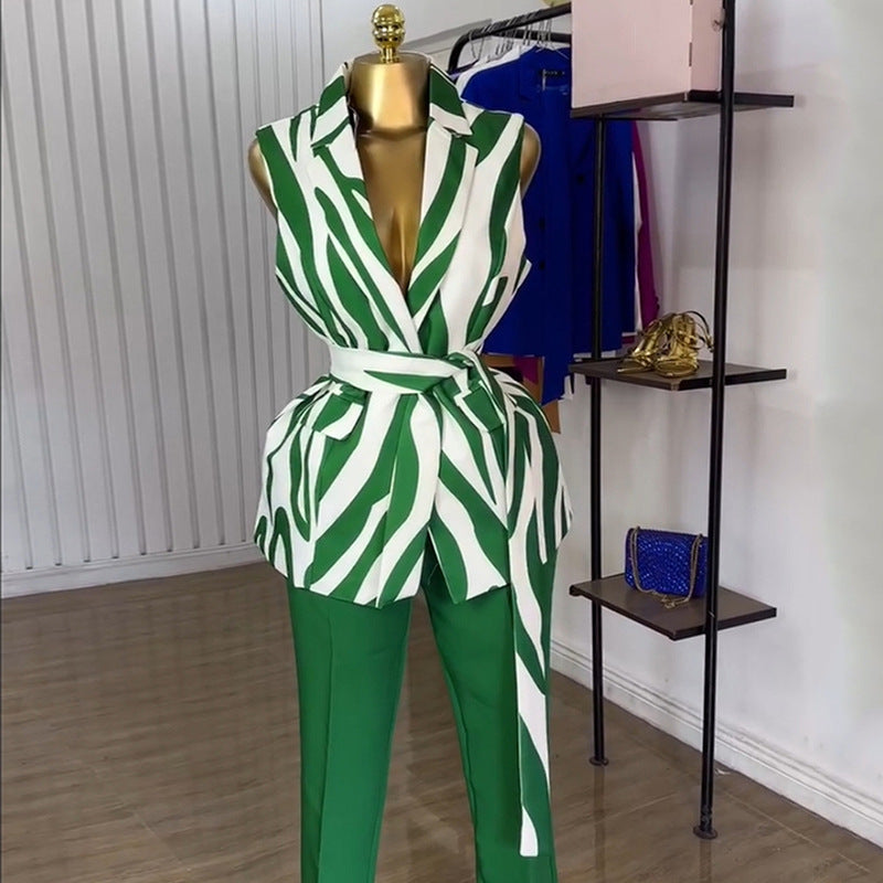 European and american cross-border women's fashion  summer new arrival: elegant blazer collar waist-cinching vest high-waisted pants fashion set