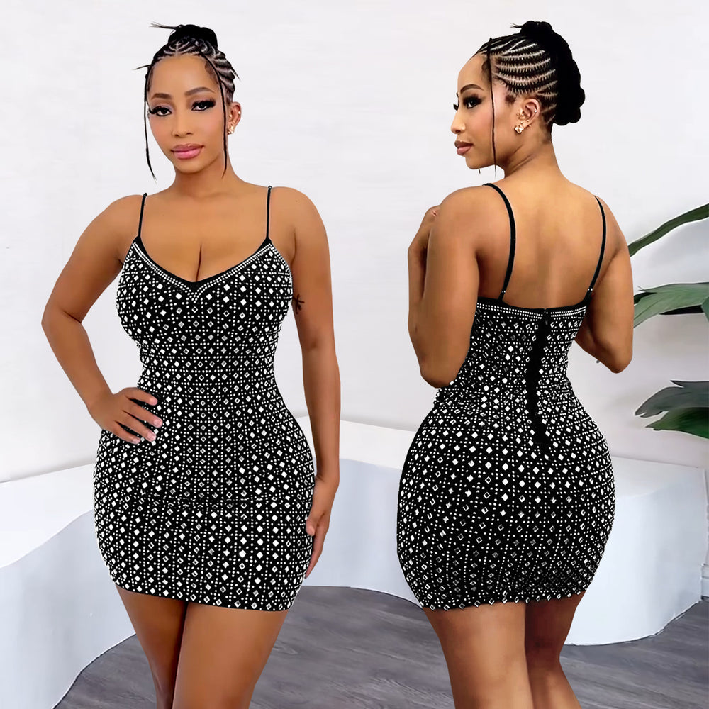 C7400 cross-border   fashion women's rhinestone sleeveless cami bodycon mini dress