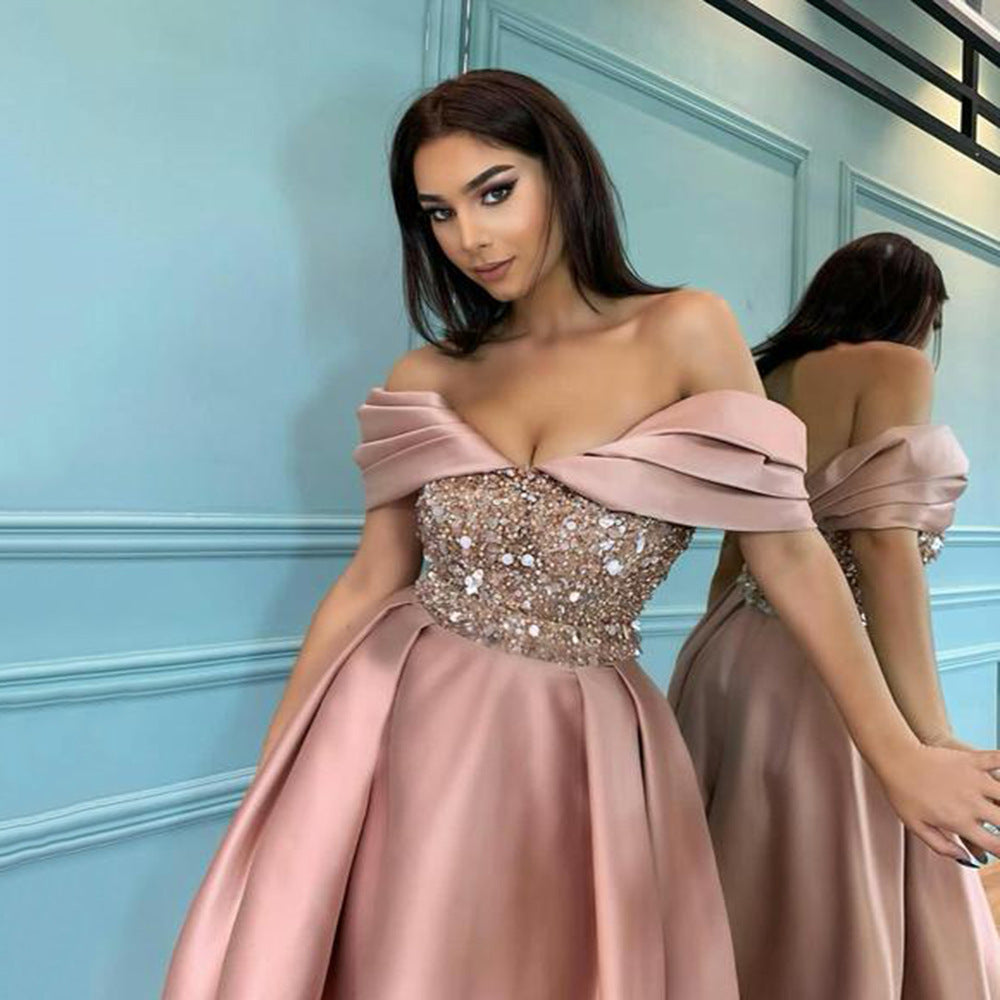 2025 new cross-border women's spring collection: minimalist, elegant, longline, slimming sequin off-the-shoulder evening gown/dress for banquets