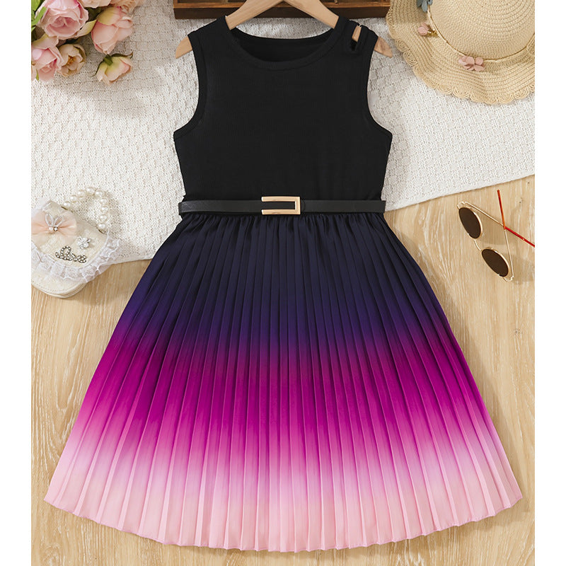 Factory wholesale cross-border girls' dress - black-purple gradient with belt, stylish mid-to-large size children's wear, european style dress