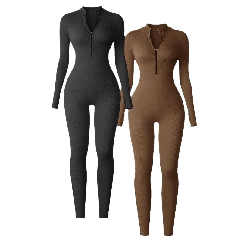 popular thick-threaded sports jumpsuit women's zipper thumb hole tight long-sleeved stand-up collar yoga clothes Europe and America