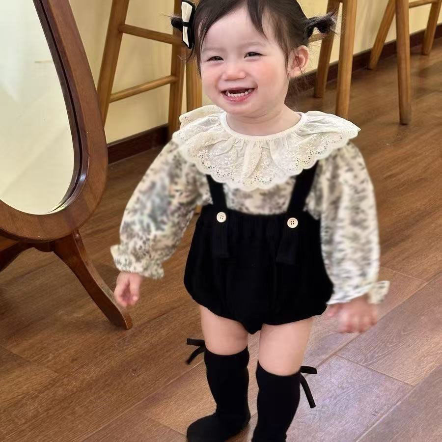 Autumn overalls set baby clothes korean style floral ruffle top romper two-piece outfit