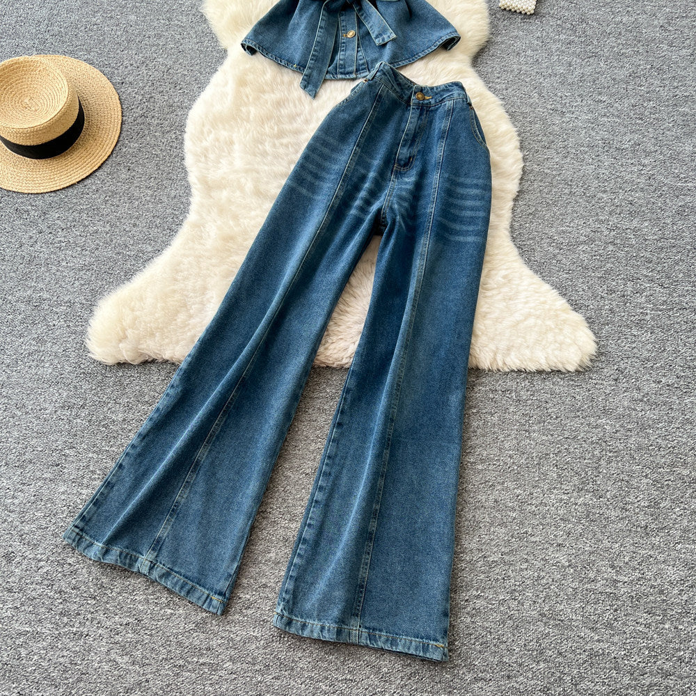 Hong kong style spicy girl sleeveless denim two-piece set - women's summer slimming tank top & high-waisted pants casual chic outfit