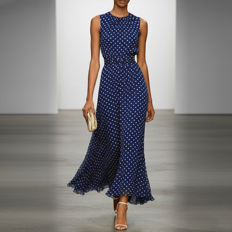 summer new arrival: european and american style polka dot sleeveless dress - french-inspired cinched waist, elegant maxi dress, slimming women's style