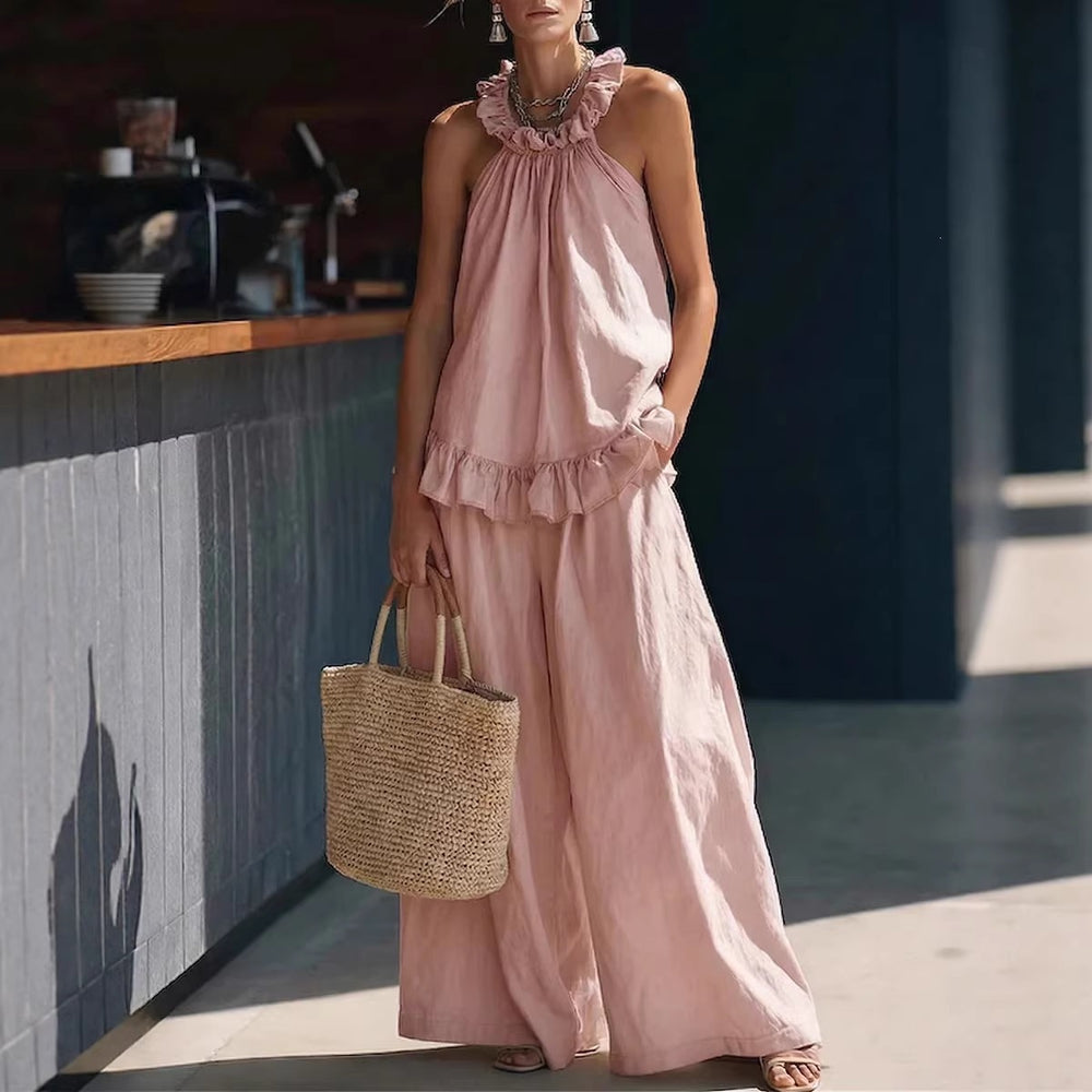 european and american  spring/summer new arrival: halter top cotton linen retro high-waisted loose casual set for women