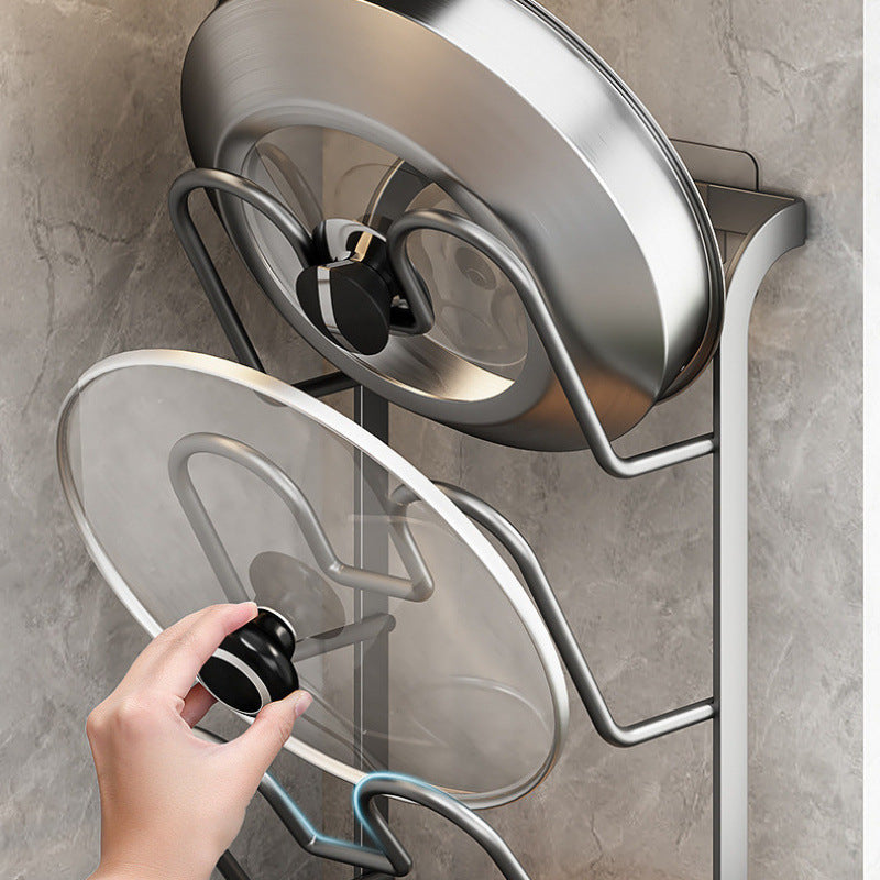 Wall-mounted pot lid rack - no drilling required, multi-tier kitchen organizer for pot lids, cutting boards, and colanders