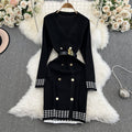 Elegant chanel-inspired v-neck double-breasted knit dress with cinched waist – a chic and sophisticated layering piece for spring and autumn