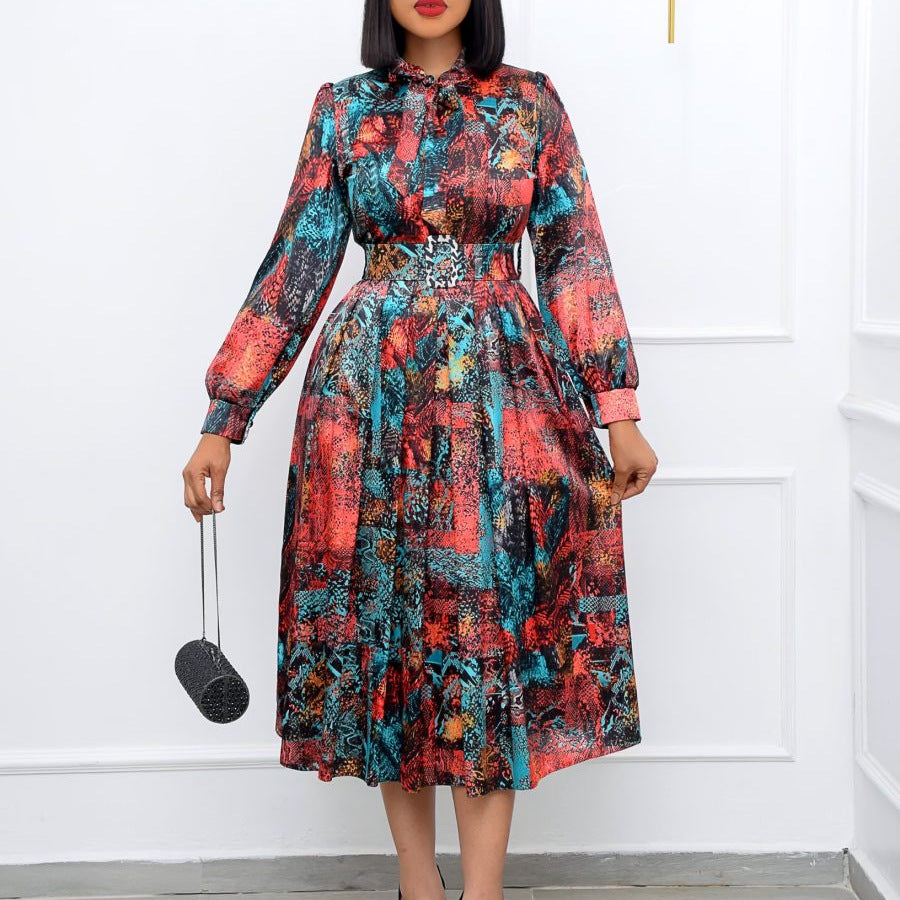 D238 free belt   spring cross-border new long-sleeved high-waisted printed plus size banquet export dress