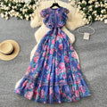 Frenchelegancedress women's new arrivalretrolacepatchwork waist elegantprintingruffleslong skirt