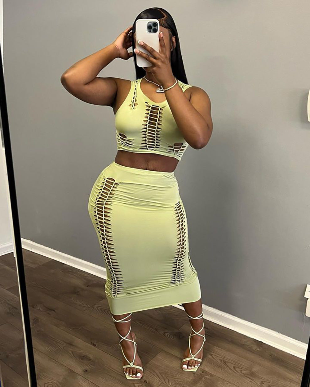 European and american style cross-border women's clothing  summer new sexy hot girl hollow-out round neck tank top bodycon midi skirt set