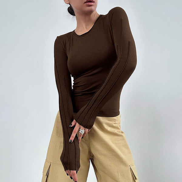 2024 Spring Design Sense Splicing Inner Bottom Shirt Women's Maillard Brown Skinny Long Sleeve T-Shirt Pullover