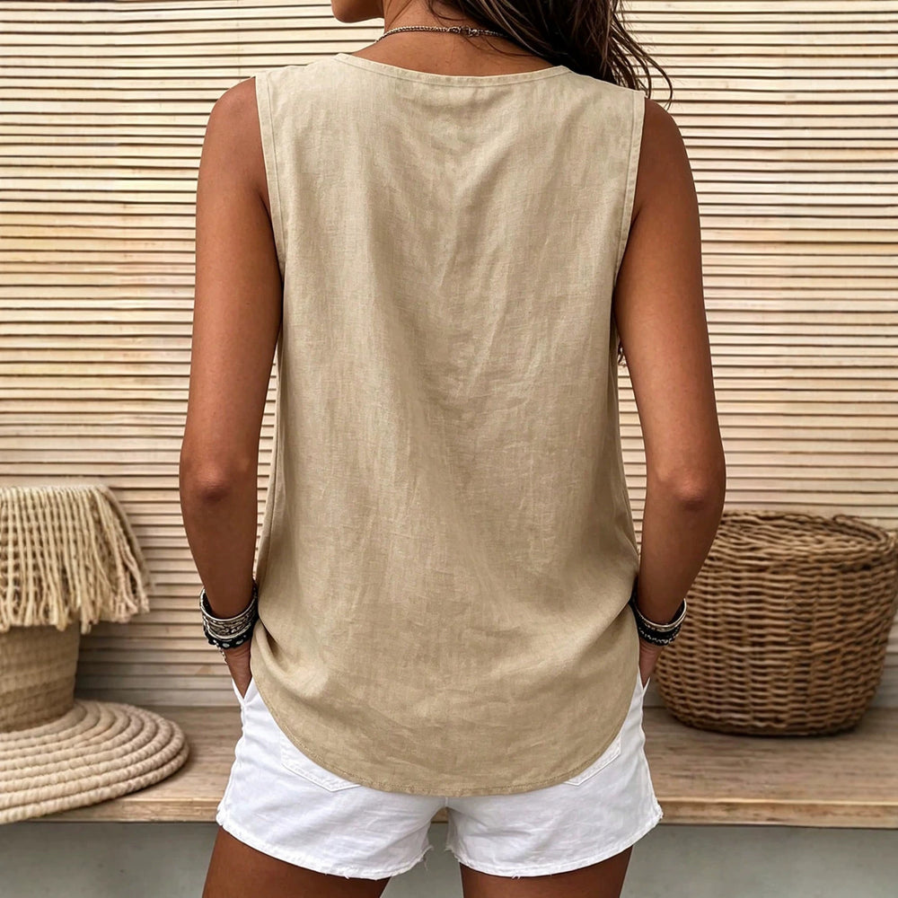 Casualv neck diagonal buckle loose linen vest casual side slit vacation comfy basics women's clothing 1688 supply