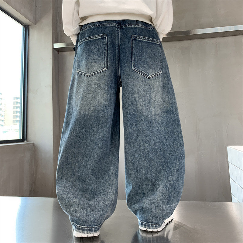 Boys' spring/autumn denim jeans -  new style casual pants for boys, loose fit, middle to big kids, scimitar cut