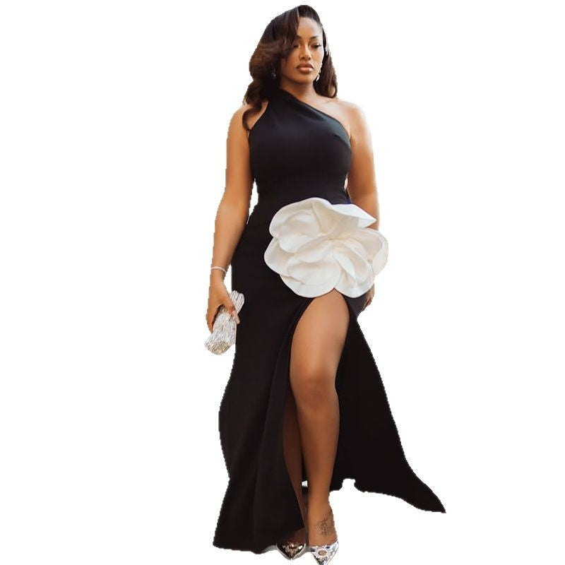 European and american style cross-border black and white fashion women's patchwork backless slit bodycon dress, asymmetrical sleeveless elegant maxi dress
