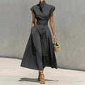 new summer women's clothing: cross-border european and american style dress - fashionable and elegant stand collar solid color flutter sleeve dress