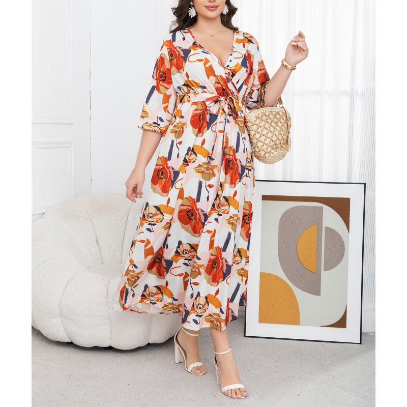 plus size cross-border new arrival  women's original elegant v-neck printed dress