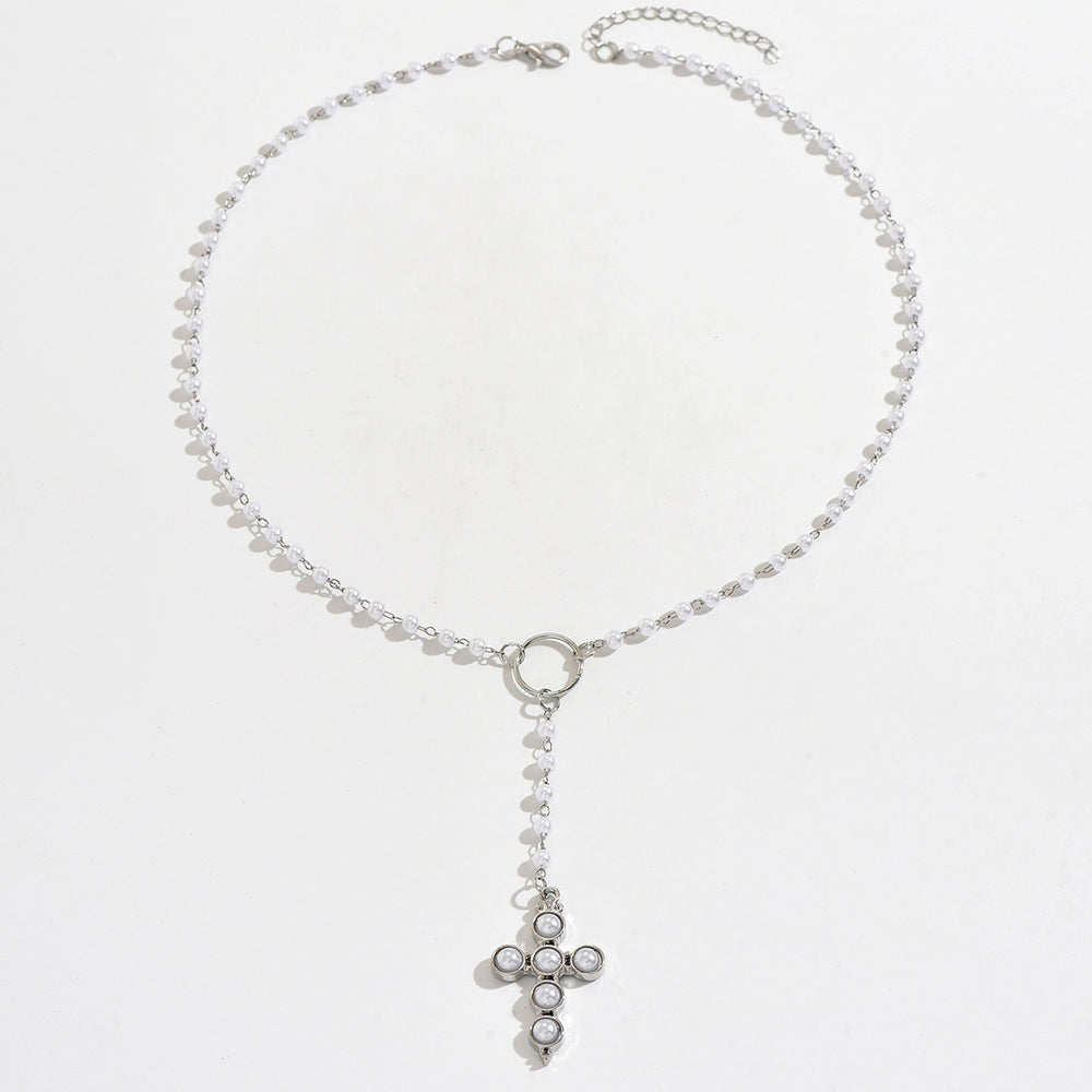 European and american cross-border fashion long tassel cross pendant faux pearl necklace women's minimalist earrings accessories