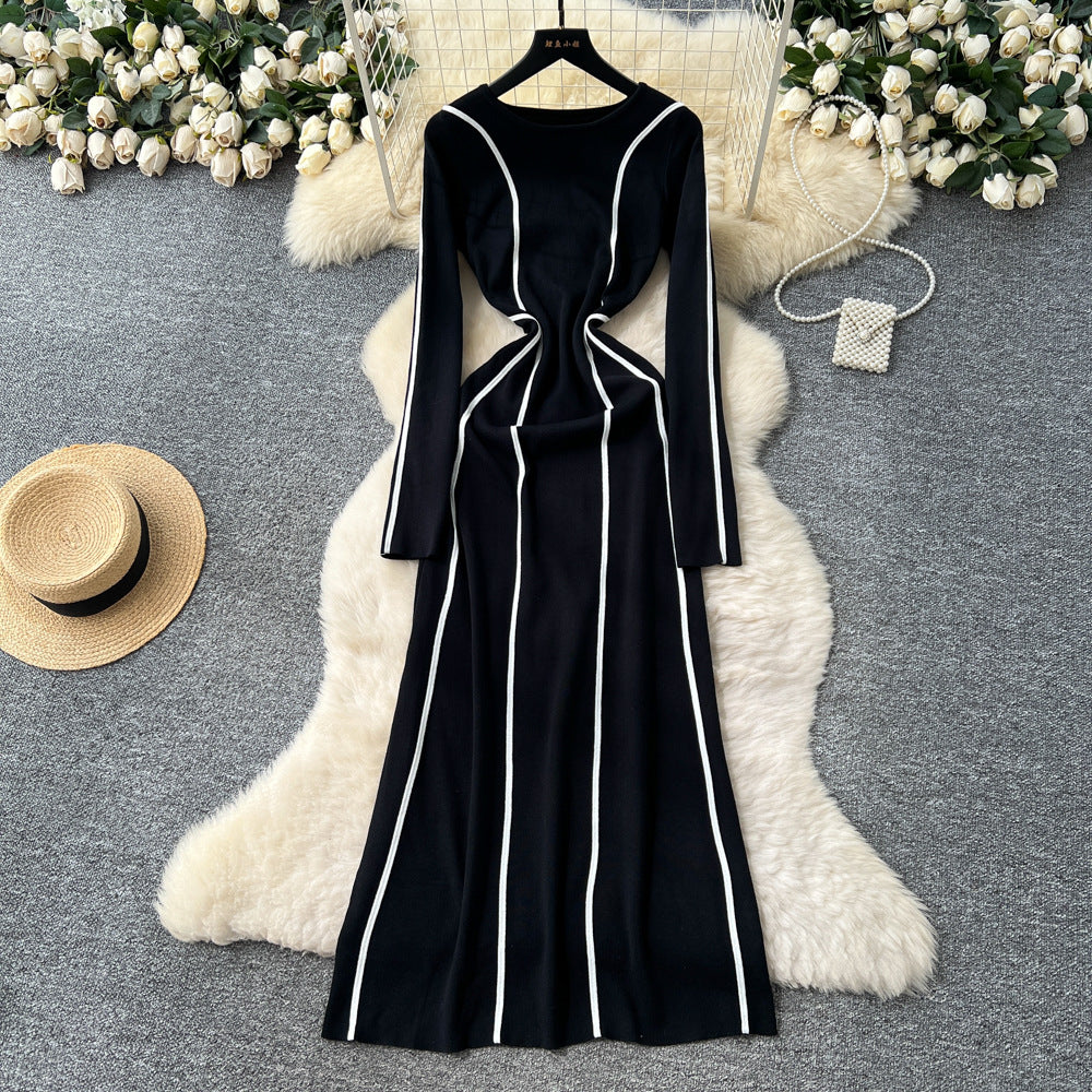 Frenchclassy niche stylefashioncontrast color side patchwork waist round neck long sleevessweaterdress women's slimming look long skirt