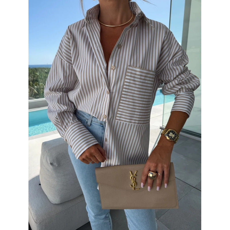 new autumn fashion casual button-down striped print long-sleeve shirt for women
