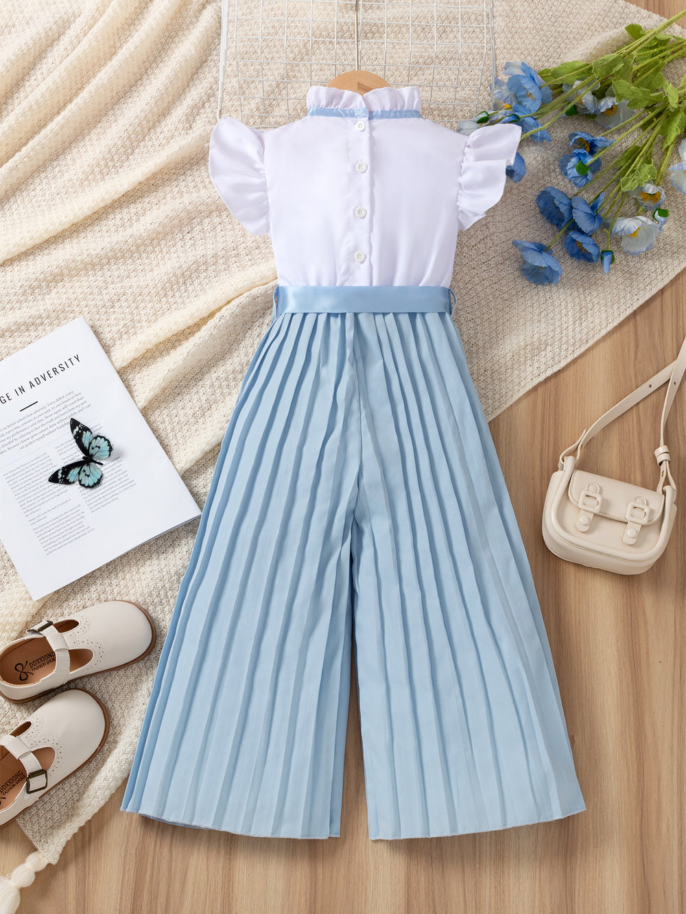 european and american style cross-border girls' flutter sleeve ruffle collar top with pleated wide-leg pants and belt (jumpsuit)
