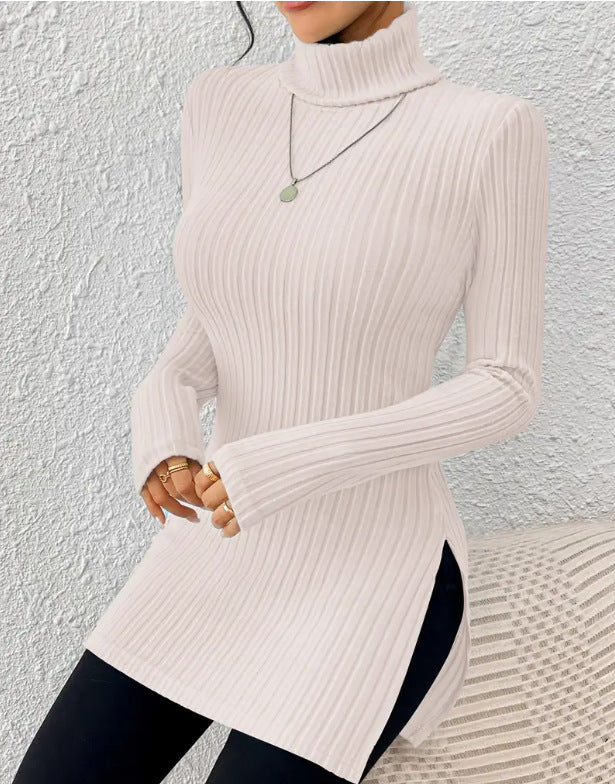 European and American  new women's turtleneck jumper, split-ended slim-fit bottoming shirt, pit striped medium and long top T-shirt