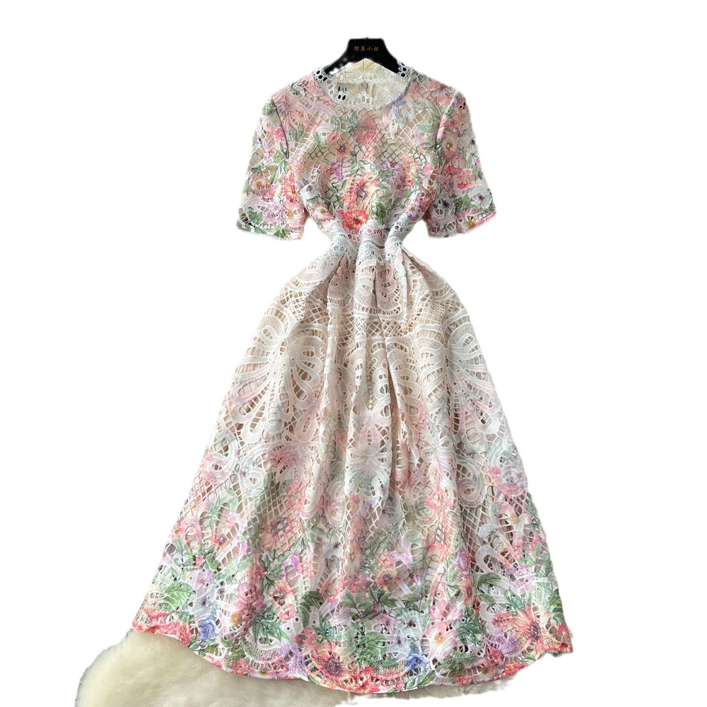 Frenchclassy sense cut out water-soluble laceprintingdress women's slimming look elegant round neck short-sleeved mid-length skirt