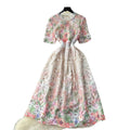 Frenchclassy sense cut out water-soluble laceprintingdress women's slimming look elegant round neck short-sleeved mid-length skirt