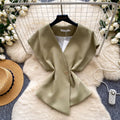 Korean style v-neck short sleeve shirt for women -  spring collection - unique, asymmetrical design - commuter chic cardigan top