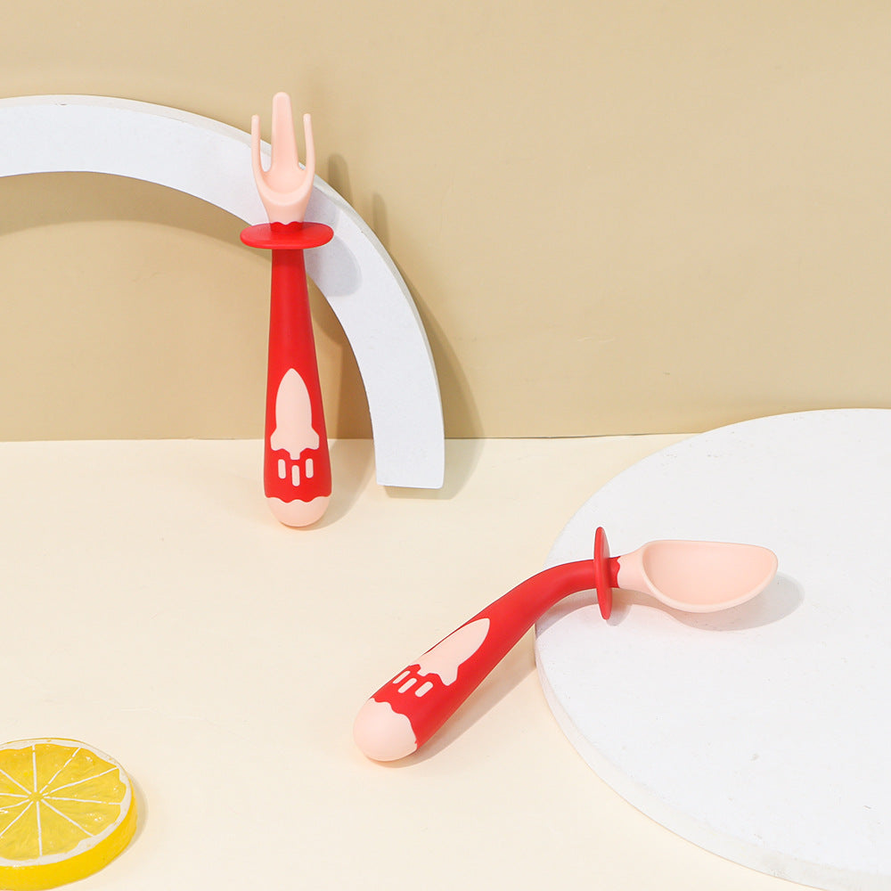 Wow baby food supplement bendable fork and spoon factory kids independent learning food rocket fork and spoon infant twist fork and spoon