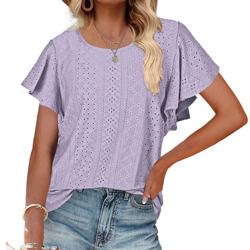 summer new arrival: cross-border european & american women's apparel -  style ladies' top - cutout waist, ruffle sleeve, casual t-shirt