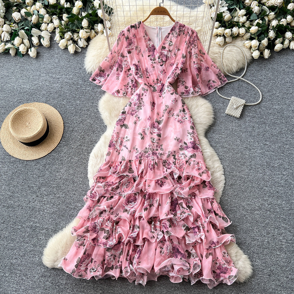K-stylev neck floral multi-layer dress women's summer short sleevehigh waist cake skirt romantic style pinkelegant long skirt