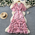 K-stylev neck floral multi-layer dress women's summer short sleevehigh waist cake skirt romantic style pinkelegant long skirt