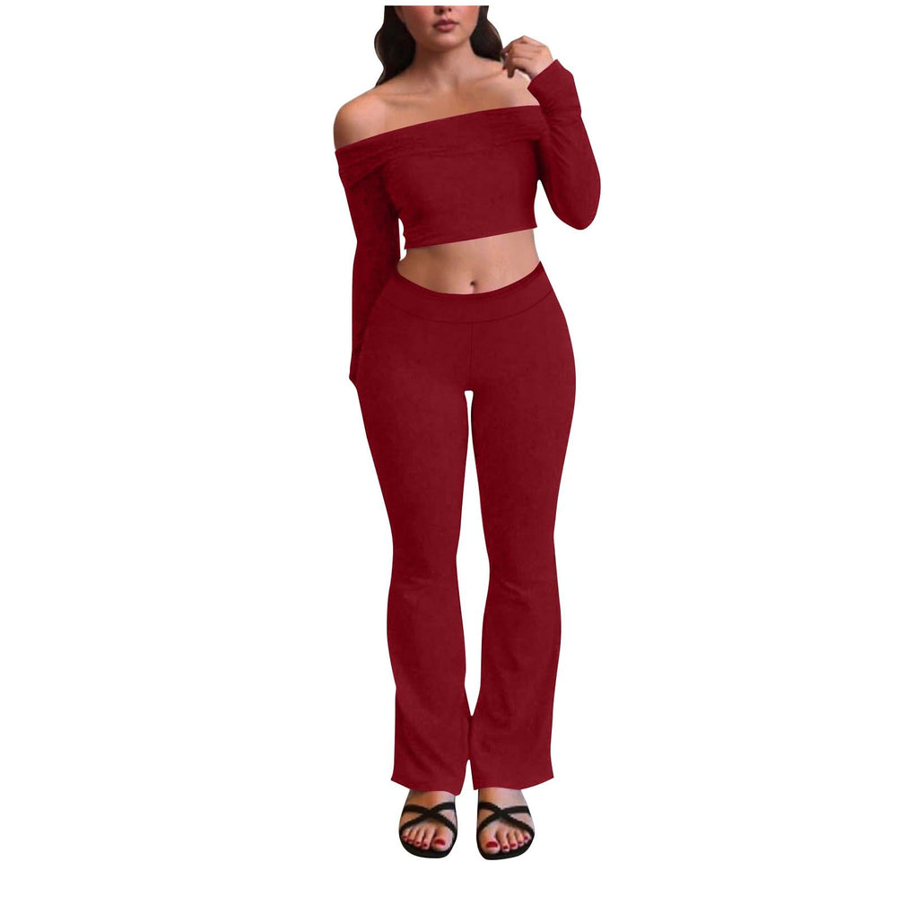 women's cross-border fashion casual slim-fit off-the-shoulder long sleeve top and elastic waist long pants tracksuit set