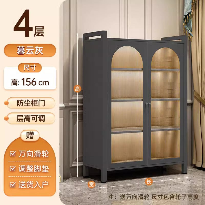 Steel bookshelf with glass door dustproof bookcase living room storage cabinet iron storage cabinet cream style figure display cabinet
