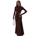 european and american women's clothing  winter new collection solid color long sleeve crew neck metallic embellished pleated bodycon dress