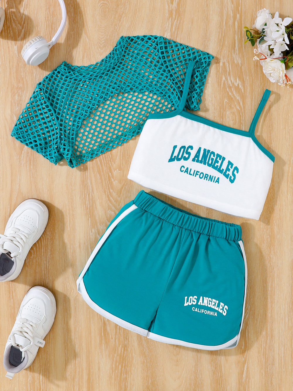 children's camisole set, featuring a three-color mesh cover-up and a letter-printed top. a retro sporty three-piece outfit for kids