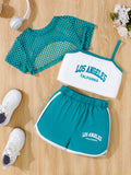 children's camisole set, featuring a three-color mesh cover-up and a letter-printed top. a retro sporty three-piece outfit for kids