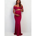 Women's burgundy off-the-shoulder maternity mermaid maxi dress: elegant and comfortable evening gown for pregnancy