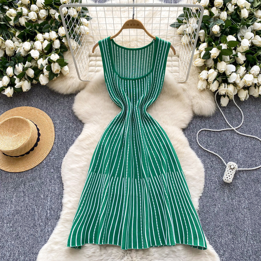 European and american style striped square neck sleeveless knitted dress - women's summer slim fit breathable chic retro mature mid-length dress