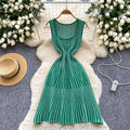 European and american style striped square neck sleeveless knitted dress - women's summer slim fit breathable chic retro mature mid-length dress