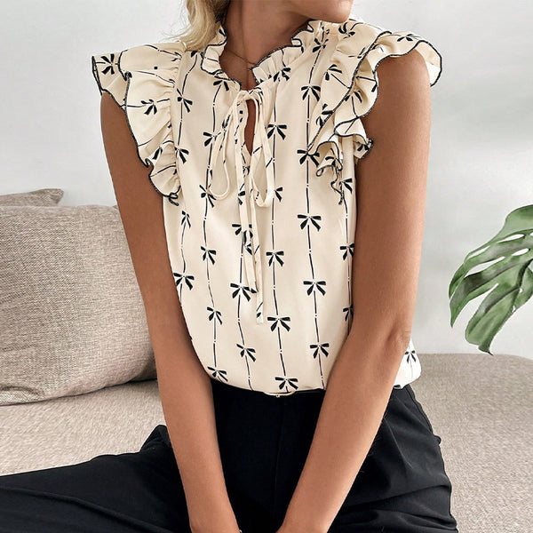 popular shirt 2025 summer European and American lotus leaf short-sleeved shirt drawstring lace collar pullover women