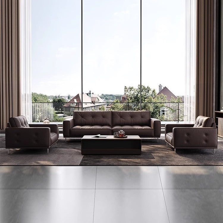 Genuine leather office sofa set - italian minimalist retro style - pull-button straight row three-seater negotiation and reception sofa