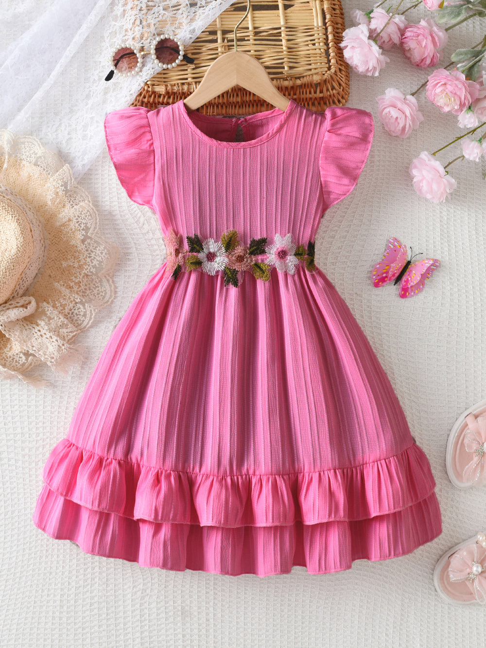 Girls' summer pink dress for export: flutter sleeves, ruffle trim, floral embroidery, belted waist, double-layered skirt, princess style