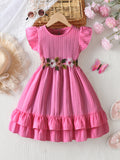 Girls' summer pink dress for export: flutter sleeves, ruffle trim, floral embroidery, belted waist, double-layered skirt, princess style