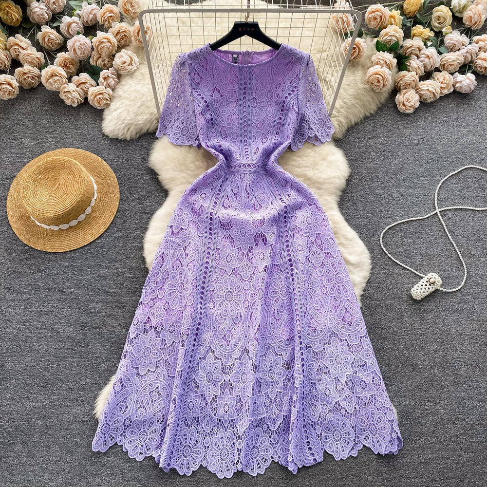 Niche styleretroclassy round neck lotus leaf sleeve lacedress female summernew arrivalslimming lookeleganceelegance long skirt